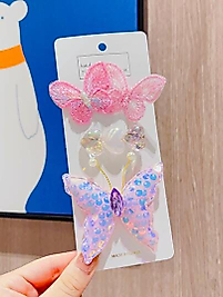 Kalp Pullu ve Örgülü Kelebek Figürlü Pembe Renk Çocuk Set Toka