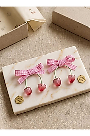 Kiraz ve Pötikate Kurdele Fiyonk Figürlü Pembe Bevaz Renk 7 cm Ciftli Pens Toka