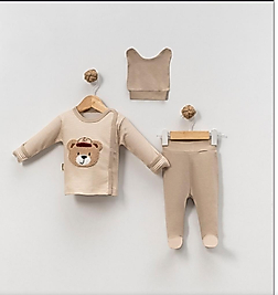 Ayıcık Nakışlı Yenidoğan Erkek Bebek 3’lü Takım – Bej