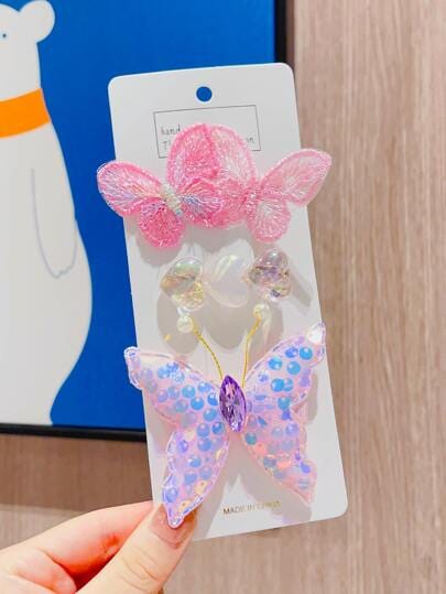 Kalp Pullu ve Örgülü Kelebek Figürlü Pembe Renk Çocuk Set Toka