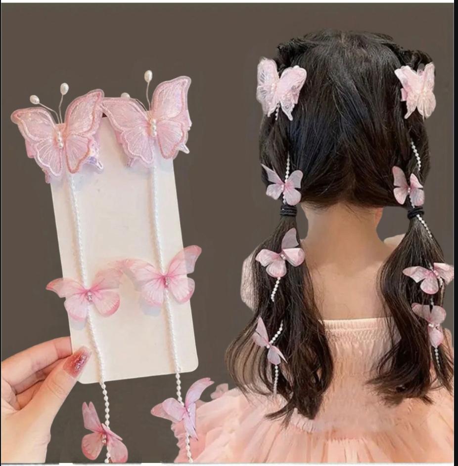 2 Adet Kelebek ve İncili Pembe Renk Kız Çocuk Saç Tokası