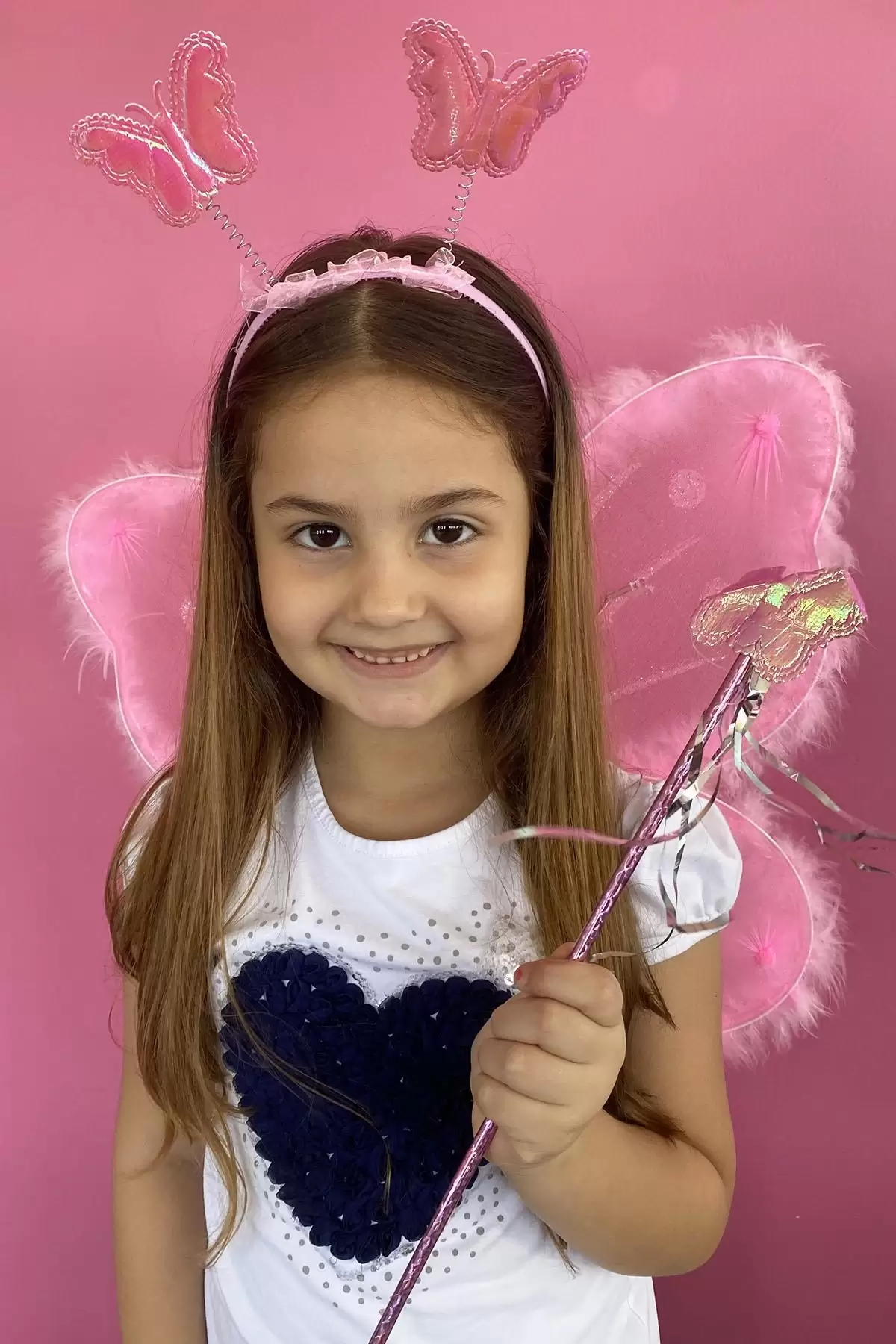 Pembe Renk Kalp Figürlü Işıklı Kanat/Taç/Asa Set