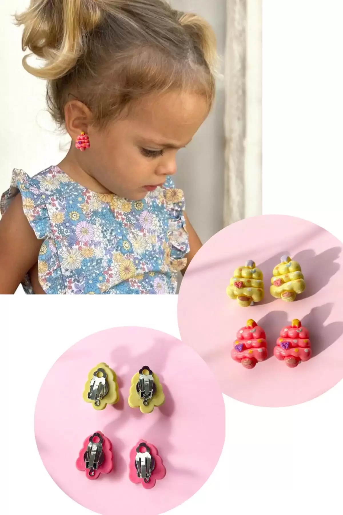 Sarı Ve Pembe Renk Cup Cake Figürlü Çocuk Sıkıştırmalı Küpe