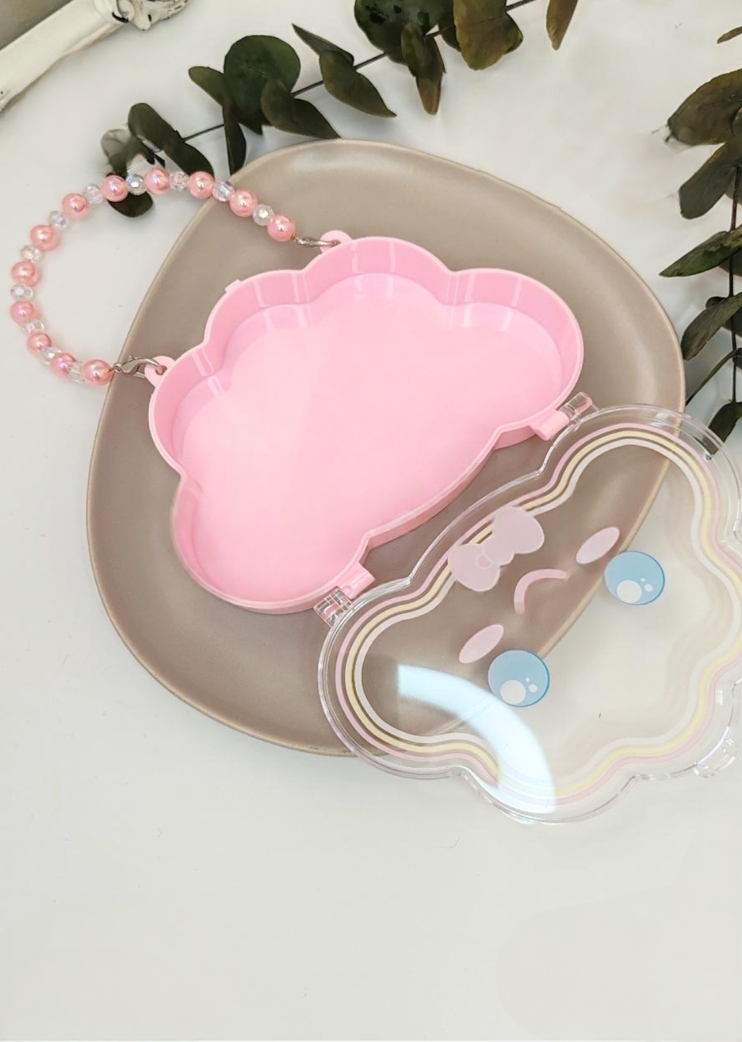 Şeffaf Kapak Üzeri Sevimli Bulut Baskılı Pembe Renk Boncuk Askılı Çocuk Çantası (Takı-Toka Kutusu)