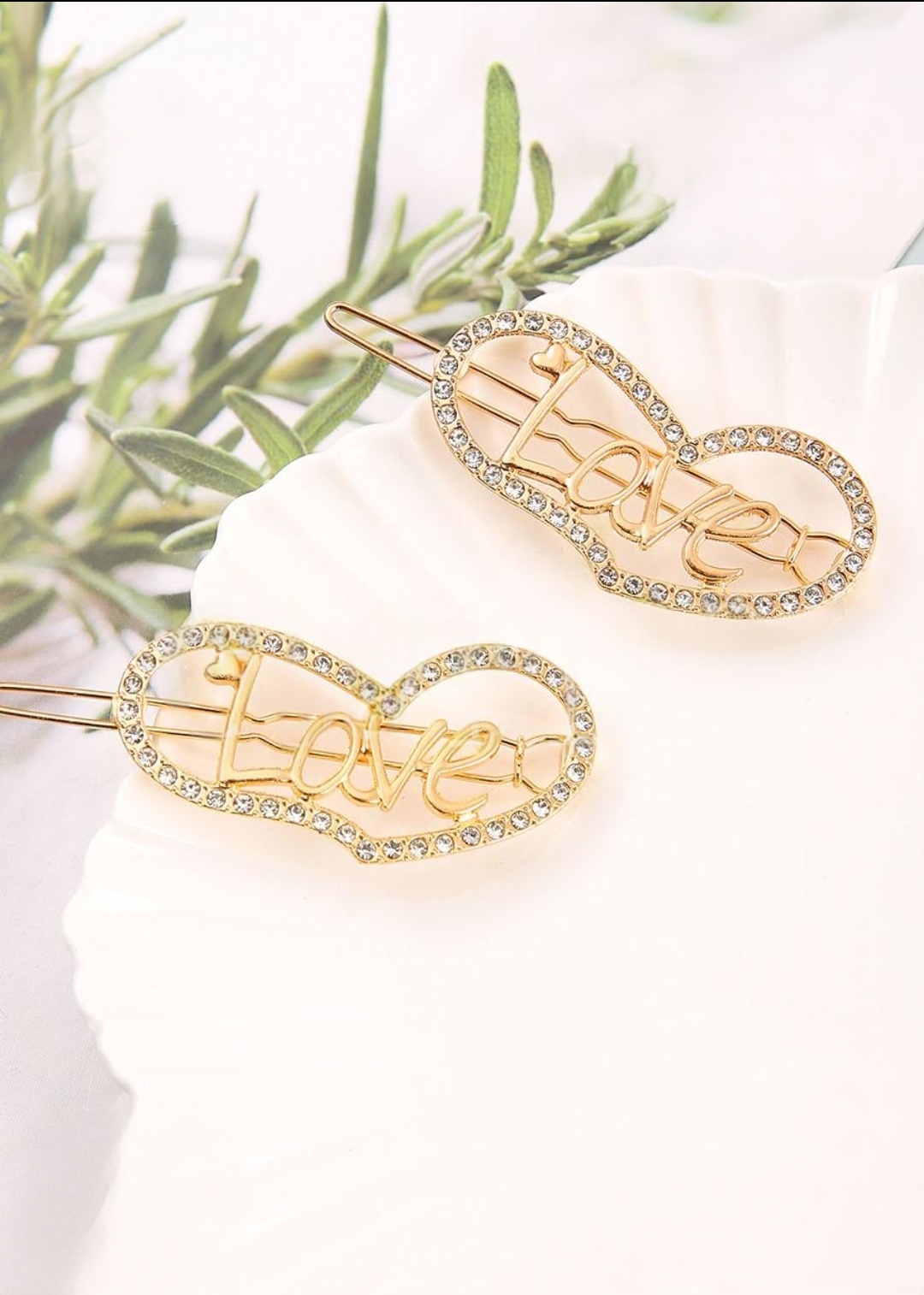 Love Yazılı Taşlı Kalp Model Gold Renk Metal Kadın Yan Toka