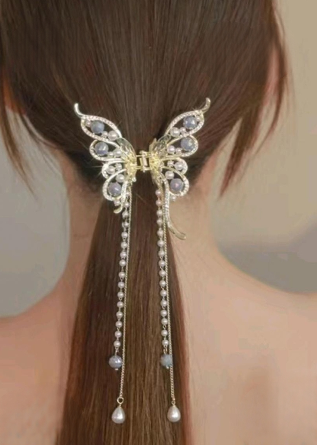 İnci Sallantılı Zirkon Taşlı Kelebek Model  5cm Silver Renk Metal Mandal Toka