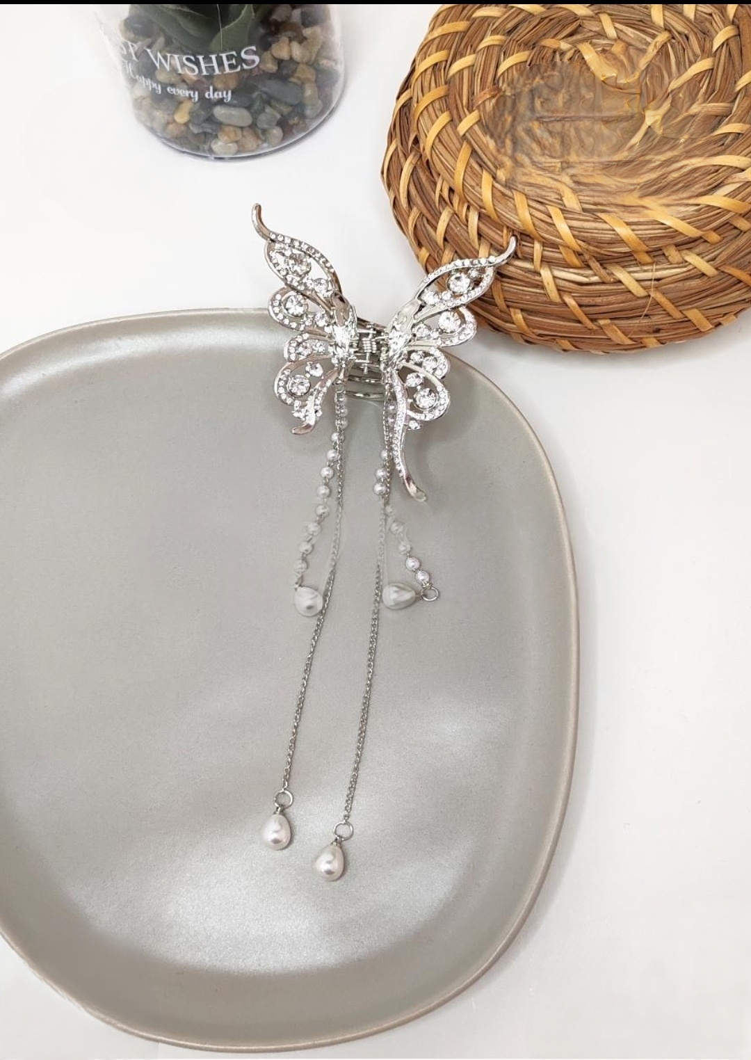 İnci Sallantılı Zirkon Taşlı Kelebek Model  5cm Silver Renk Metal Mandal Toka