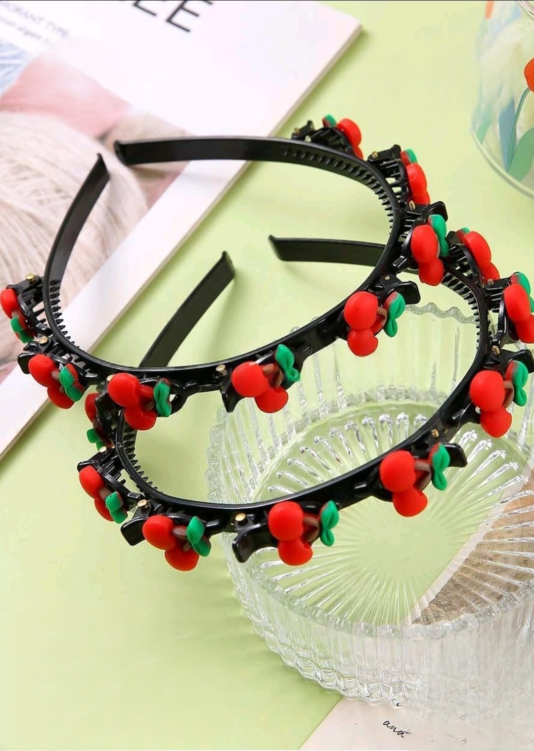 Üzeri Sevimli Mini Kırmızı Kiraz Süslemeli  Sivah Renk Cocuk Pens Tac