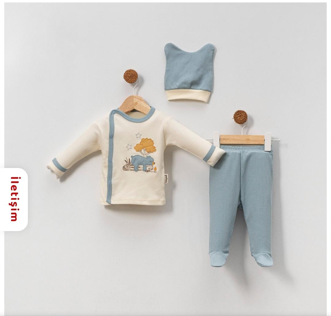 Erkek Bebek İndigo Ayı Nakışlı 3'lü Zıbın Takım Yenidoğan Kıyafeti Antibakteriyel Nefes Alabilir Kum