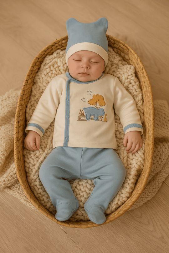 Erkek Bebek İndigo Ayı Nakışlı 3'lü Zıbın Takım Yenidoğan Kıyafeti Antibakteriyel Nefes Alabilir Kum