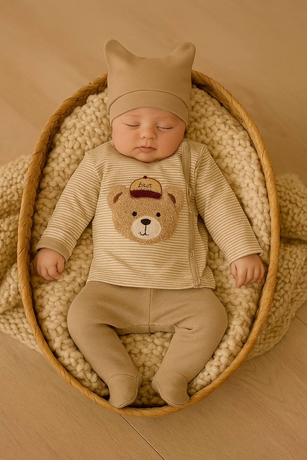 Ayıcık Nakışlı Yenidoğan Erkek Bebek 3’lü Takım – Bej