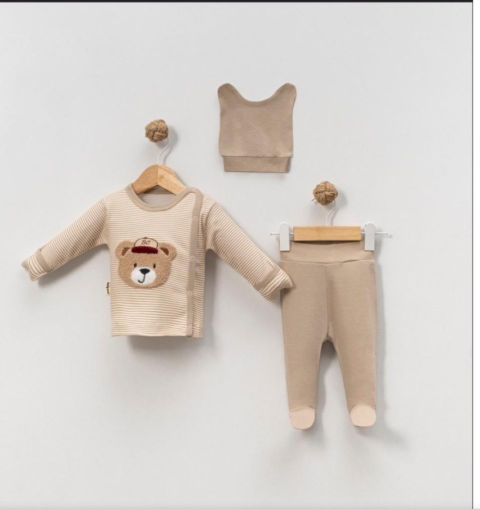 Ayıcık Nakışlı Yenidoğan Erkek Bebek 3’lü Takım – Bej