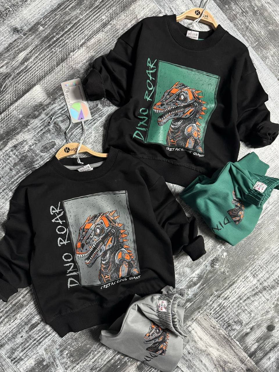 Erkek Çocuk Dinozor Desenli Takım – Siyah &Yeşil