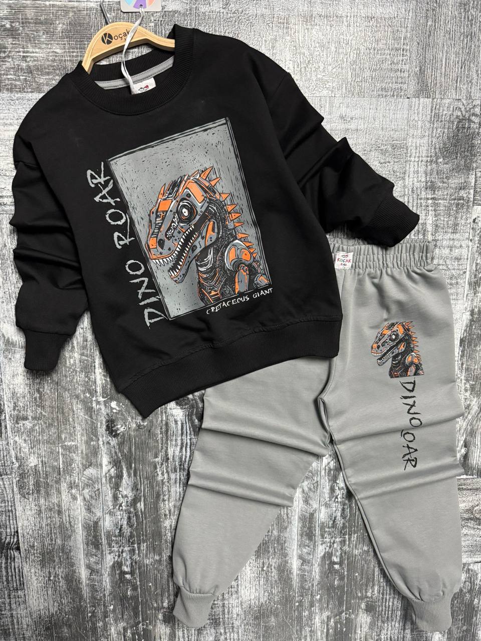 Erkek Çocuk Dinozor Desenli Takım – Siyah & Gri