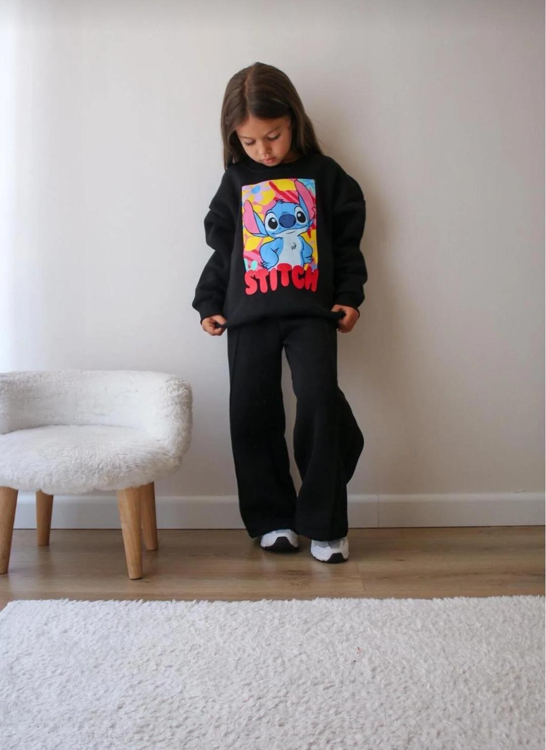 Kız Çocuk Stitch Esofman Takımı 3 İp Şardonlu