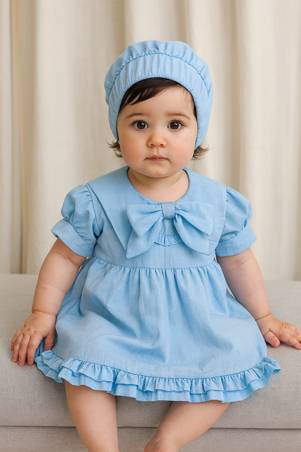 Kız Çocuk Mavi Müslin,Şapkalı Elbise