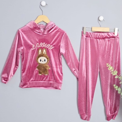 5/8 Y LABUBU NAKISLI KADIFE KIZ TAKIM-Saç tebesiri hediye