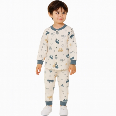 Dügmeli %100 Pamuk Pijama Takımı,Araba Desenli