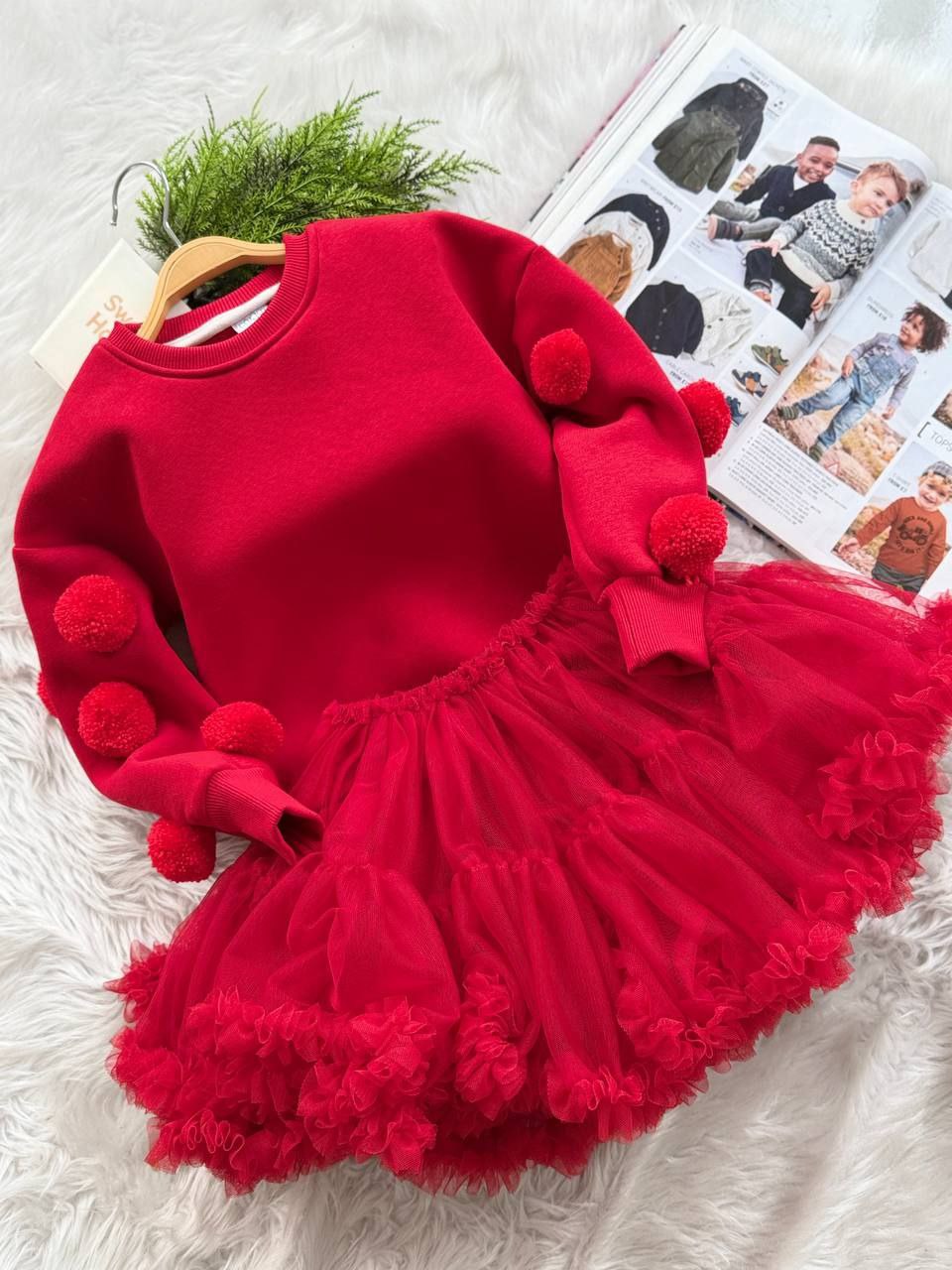 Tütü Etek & Ponponlu 3 İplik Sweat Takım Kırmızı