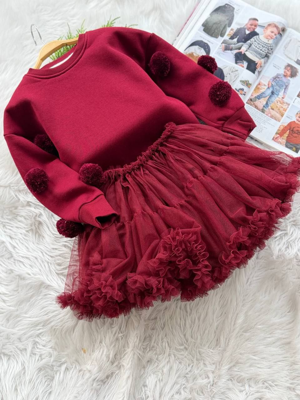 Tütü Etek & Ponponlu Yün Sweat Takım Bordo