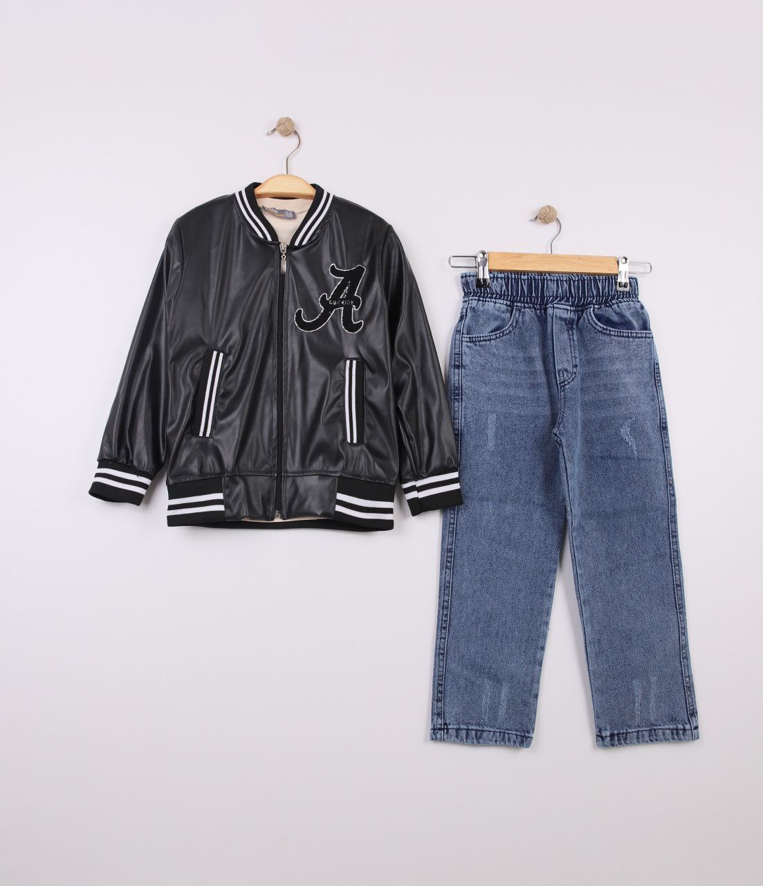 Erkek Çocuk Deri Ceketli Takım