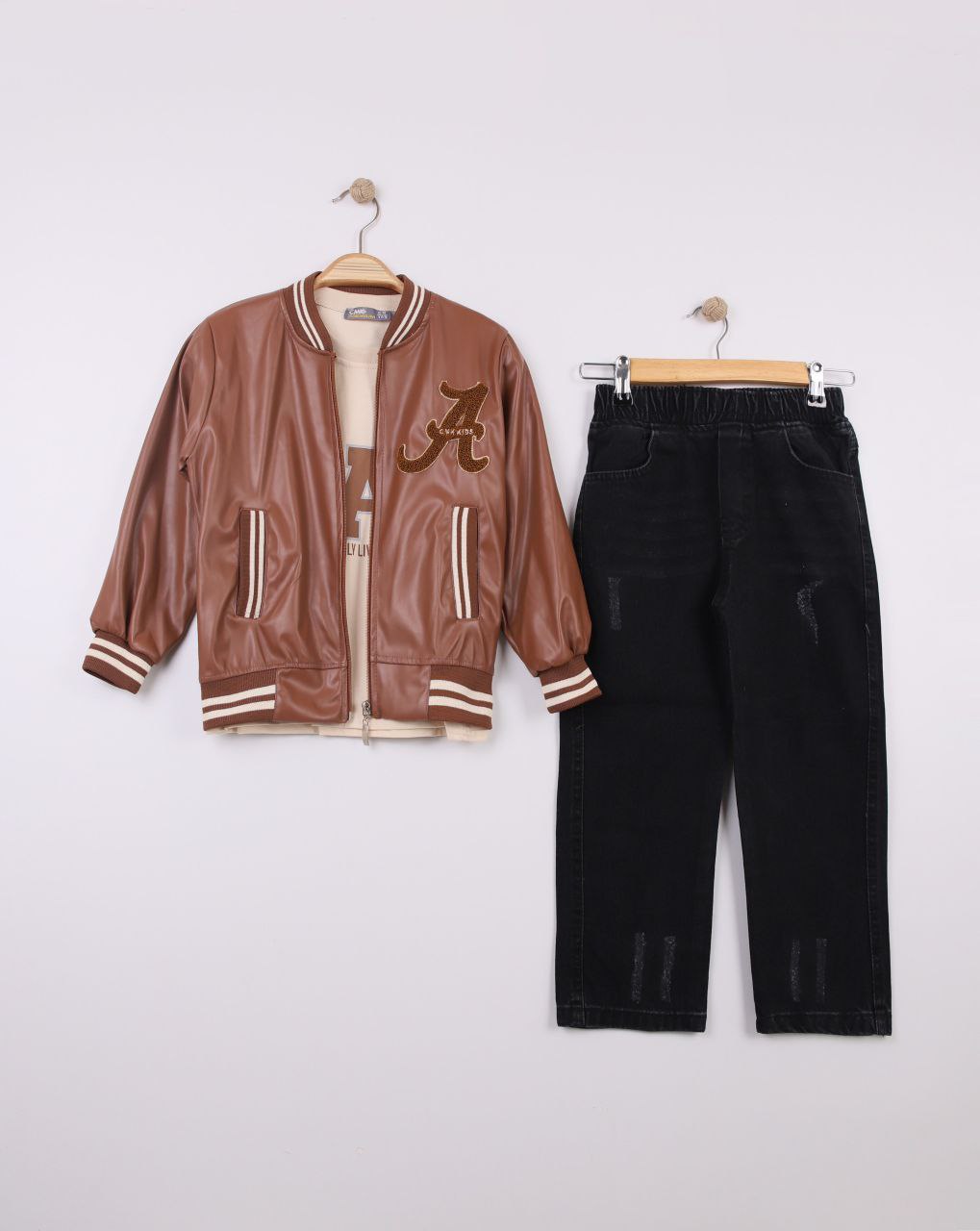 Erkek Çocuk Deri Ceketli Takım