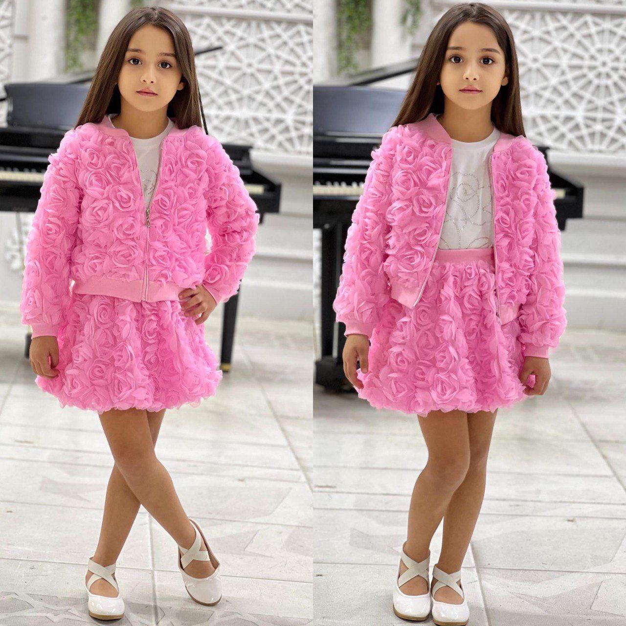 İthal Güllü Kumaş Ceketli Etekli Body 3’lü Kız Çocuk Takım